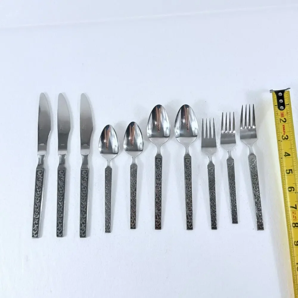 VTG Riviera Rose Stainless Flatware Japan LOT 9 Pc Black Textured Floral MCM